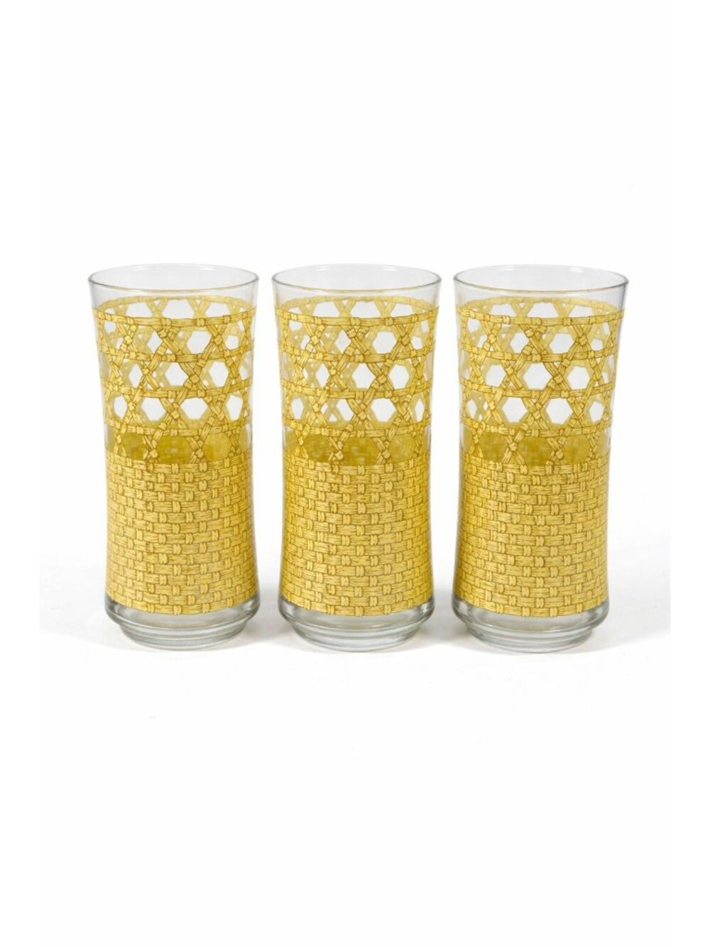 Drinking Ice Tea Water Glasses Set 3 Libbey Woven Cane Rattan Bamboo Vintage - Picture 1 of 14